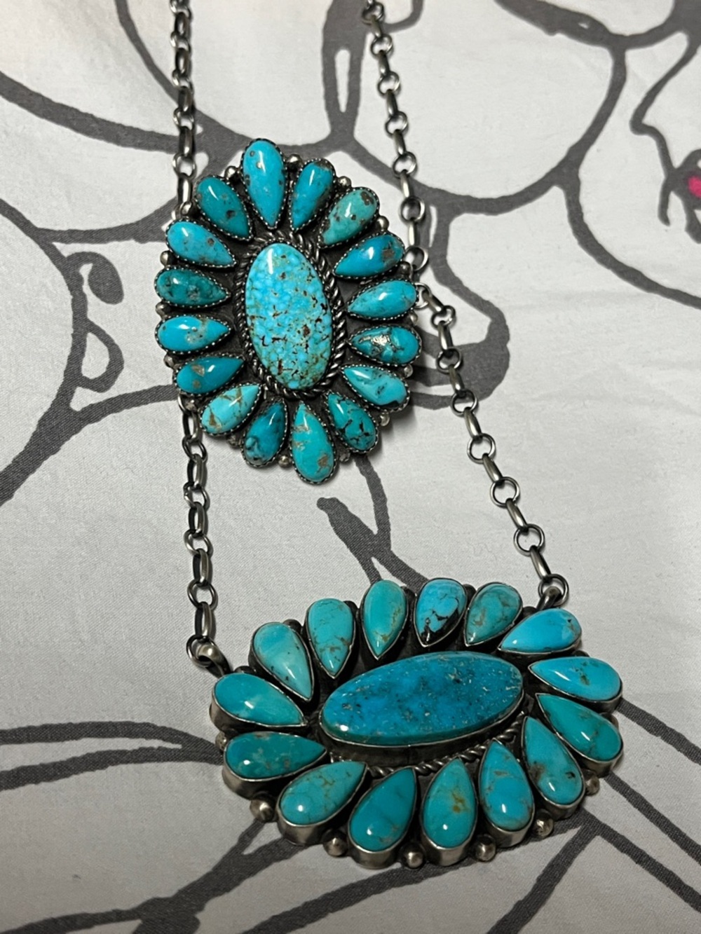 Turquoise Cluster Double Pendant Necklace and Ring Bright Turquoise Statement
